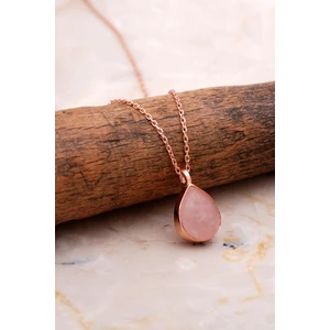 Sümer Telkari Doğal Pembe Kuvars Taşlı Damla Mini Rose Gümüş Kolye 7752