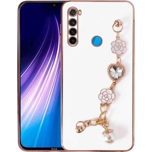 Xiaomi Redmi Note 8 Kılıf Kalpli Çiçekli Bileklik Zincirli Kamera Korumalı Kenarları Gold Renk. Silikon