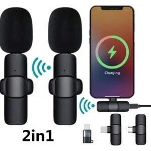2 In 1 Iphone ve Type C  Uyumlu Ikili Kablosuz Yaka Mikrofonu  Lightnıng Youtube Facebook Tiktok