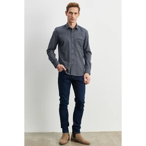 ALTINYILDIZ CLASSICS Erkek Lacivert-gri Slim Fit Düğmeli Yaka Pötikareli Flanel Oduncu Gömlek