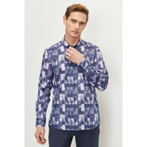 ALTINYILDIZ CLASSICS Erkek Lacivert Slim Fit Dar Kesim Düğmeli Yaka %100 Pamuk Baskılı Gömlek
