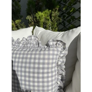 Decamor Home Vintage Fırfırlı Pötikareli Keten Gri Kırlent Kılıfı Bohem Kırlent Kılıfı