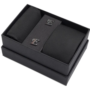 E Harfli Kol Düğmesi & Siyah Kravat & Mendil Kutulu Hediye Seti