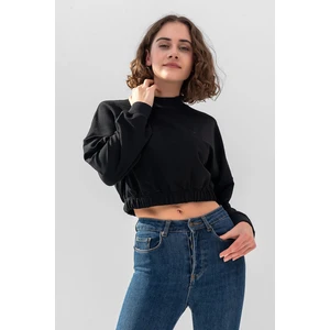 la & vetta Kadın Siyah Pamuk Bisiklet Yaka Crop Sweatshirt