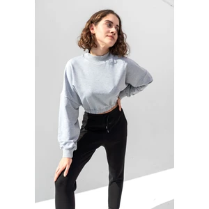la & vetta Kadın Gri Pamuk Bisiklet Yaka Crop Sweatshirt