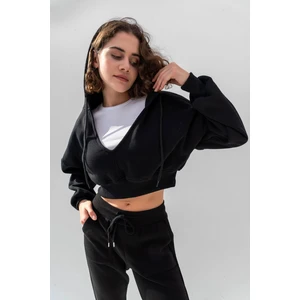la & vetta Siyah Kapüşonlu V Yaka Crop Kalın Içi Polarlı Örme Sweatshirt