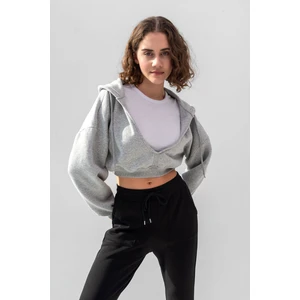 la & vetta Gri Kapüşonlu V Yaka Crop Kalın Içi Polarlı Örme Sweatshirt