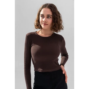 la & vetta Koyu Kahve Uzun Kollu Fitilli Bluz Crop Örme T-Shirt