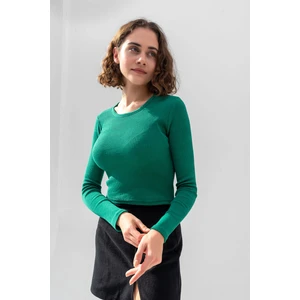 la & vetta Çimen Yeşili Uzun Kollu Fitilli Bluz Crop Örme T-Shirt