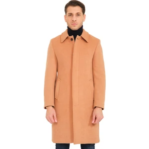 Erkek Polo Yaka Açık Camel Yünlü Uzun Kaşe Kaban