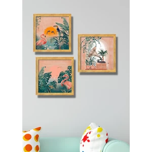 Nt Handmade 3 Parça Ahşap Çerçeve Görünümlü Flamingo Duvar Dekoru - Salon Mutfak Yatak Odası Için Tablo Seti