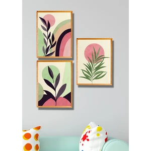 Nt Handmade 3 Parça Ahşap Çerçeve Görünümlü Pembe Yeşil Desenli Duvar Dekoru Yatak Odası Mutfak Için Tablo Seti