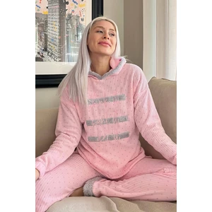 Pijama Evi Toz Pembe Three Line Desenli Kapşonlu Peluş Polar Pijama Takımı