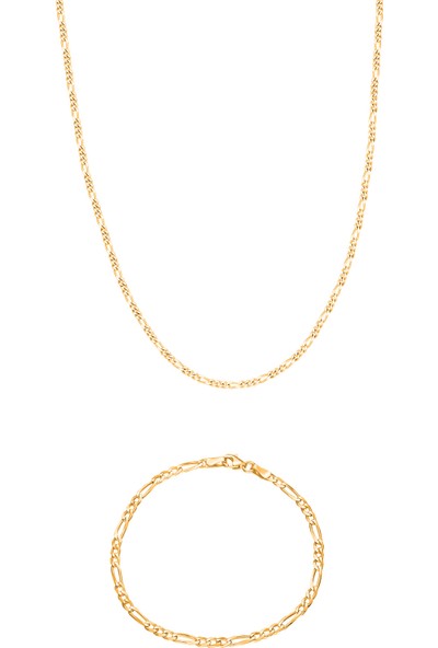 Adal Silver Erkek 925 Ayar Gümüş Hayalet Figaro Zincir Kolye ve Bileklik Set Altın Kaplama (1 Mm)