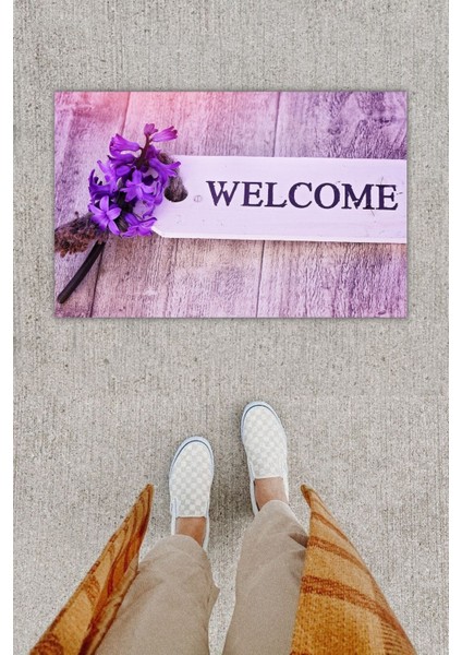 Dijital Baskı Dekoratif Welcome Lila Kapı Önü Paspası