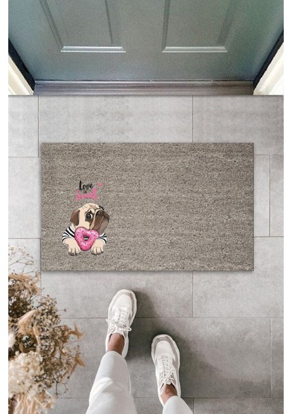 Dijital Baskı Kalitesi Gri Love Sweet Pembe Şekerlemeli Bulldog Köpek Dekoratif Kapı Paspası