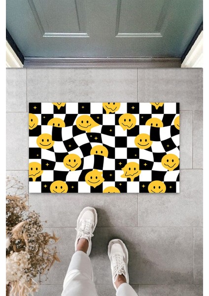 Dekoratif Dijital Gülen Emojiler Sarı-Siyah Kapı Paspası Dış Mekan Paspas