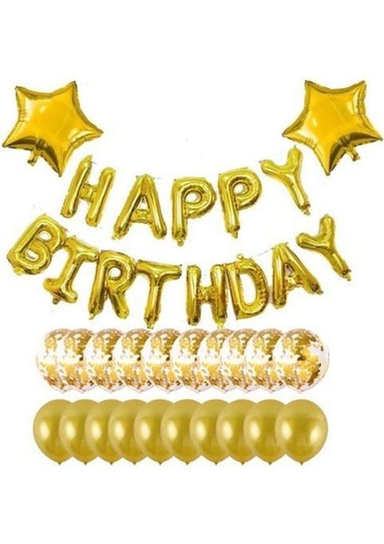 Happy Bırthday Gold Folyo Balon Şeffaf Balon Set Doğum Günü Seti Yetişkin Parti Seti