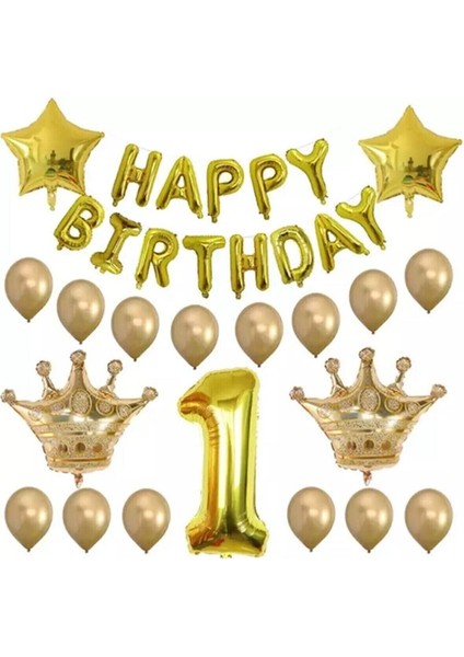 Happy Birtday 1 Yas Kral Tacı Folyo ve Latex Balon Set