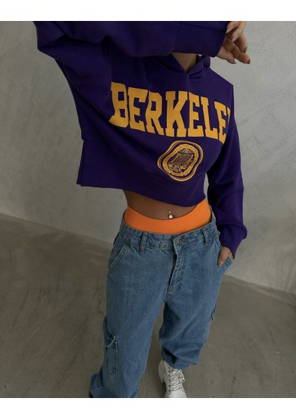 Kadın Berkeley Baskılı Crop Mor Sweatshirt