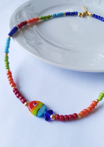 Murano Cam Balık Gökkuşağı Renkli Boncuklu Kolye Kadın fiyatları