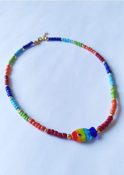 Murano Cam Balık Gökkuşağı Renkli Boncuklu Kolye Kadın modelleri