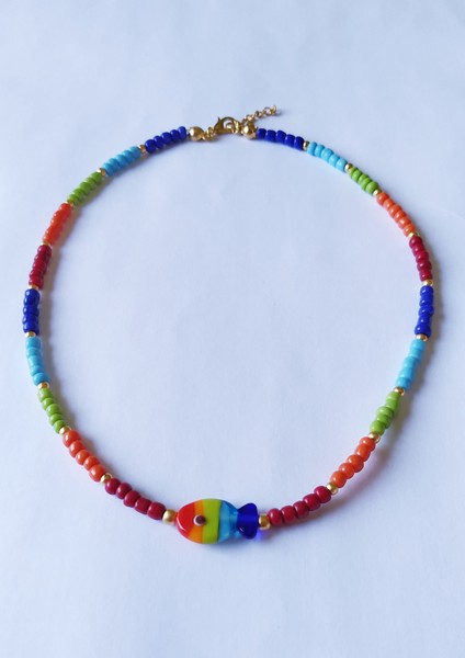 Murano Cam Balık Gökkuşağı Renkli Boncuklu Kolye Kadın fırsatları