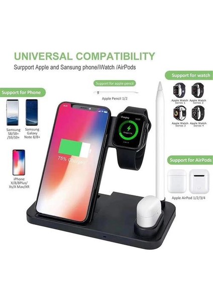 4 In 1 Qi Hızlı Kablosuz Şarj Dock Standı Standı Apple Izle iPhone Kalem Kulaklık Telefon | Telefon Tutucular ve standları (Siyah) (Yurt Dışından)