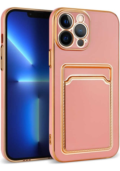 iPhone 13 Pro ile Uyumlu Dikişli Kartlıklı Serta Silikon Kılıf Rosegold