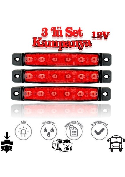 6 Ledli 3'lü Set Parmak LED 12V Kırmızı SBB12R6-3