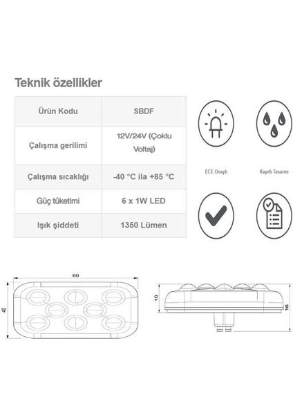 Animasyonlu 12-24V Universal Kare 6 Led Dış Mekan Uyumlu Beyaz SBDF6W indirimleri