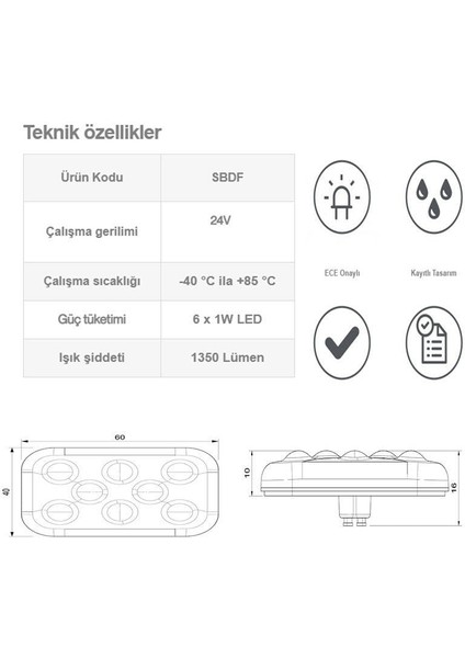 Aydınlatma 24V 6 Ledli Sarı Dış Mekan Uyumlu Kare SBD24Y6