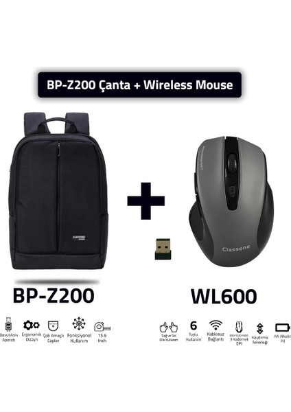 BP-Z200-WL600 Mouse -15.6" Su Geçirmez Kumaş Laptop ,notebook Sırt Çantası Siyah+Kablosuz Mouse