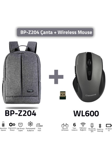 BP-Z204-WL600 Mouse -15.6" Su Geçirmez Kumaş Laptop ,notebook Sırt Çantası Gri+Kablosuz Mouse