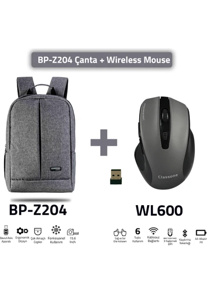 BP-Z204-WL600 Mouse -15.6" Su Geçirmez  Kumaş Laptop ,notebook Sırt Çantası Gri+Kablosuz Mouse