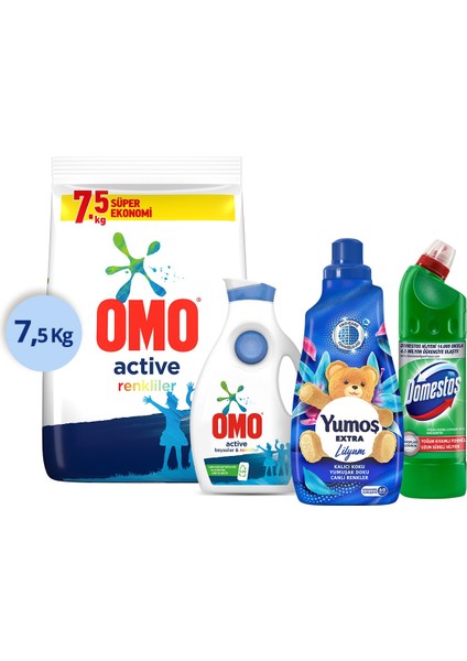 Toz Deterjan 7 5 + Yumoş Lilyum 1440 ml + Domestos Dağ Esintisi 750 ml + Active 1690 ml