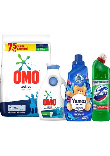 Toz Deterjan 7 5 + Yumoş Lilyum 1440 ml + Domestos Dağ Esintisi 750 ml + Active 1690 ml