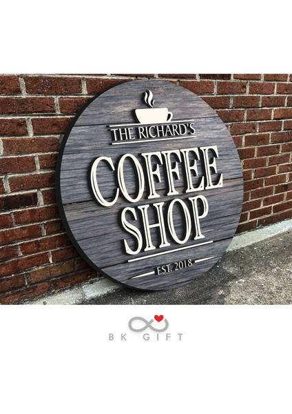 Gift Kişiye Özel Dekoratif Yuvarlak Ahşap Coffee Shop Tabelası 43CM - Model 2