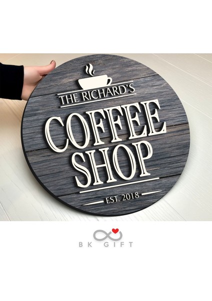 Gift Kişiye Özel Dekoratif Yuvarlak Ahşap Coffee Shop Tabelası 43CM - Model 2
