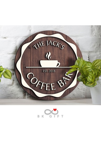 Gift Kişiye Özel Dekoratif Yuvarlak Ahşap Coffee Bar Tabelası 43CM - Model 3