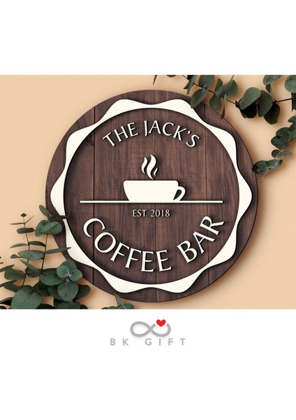 Gift Kişiye Özel Dekoratif Yuvarlak Ahşap Coffee Bar Tabelası 43CM - Model 3