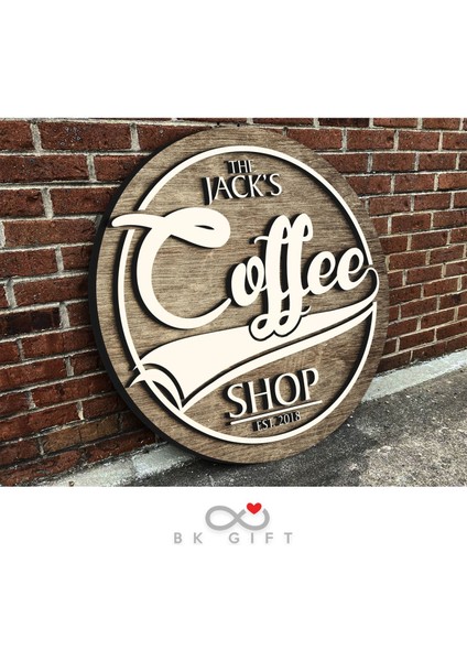Gift Kişiye Özel Dekoratif Yuvarlak Ahşap Coffee Shop Tabelası 43CM - Model 3