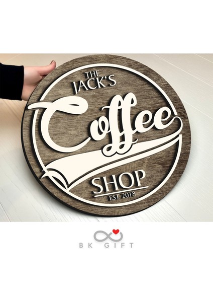 Gift Kişiye Özel Dekoratif Yuvarlak Ahşap Coffee Shop Tabelası 43CM - Model 3