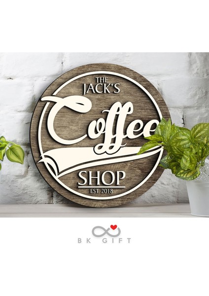 Gift Kişiye Özel Dekoratif Yuvarlak Ahşap Coffee Shop Tabelası 43CM - Model 3