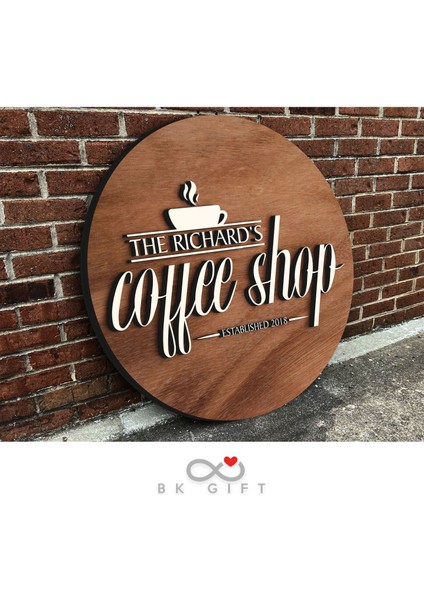 Gift Kişiye Özel Dekoratif Yuvarlak Ahşap Coffee Shop Tabelası 43CM - Model 1
