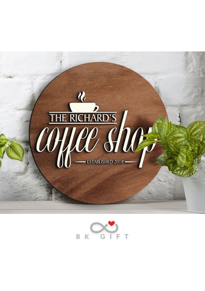 Gift Kişiye Özel Dekoratif Yuvarlak Ahşap Coffee Shop Tabelası 43CM - Model 1