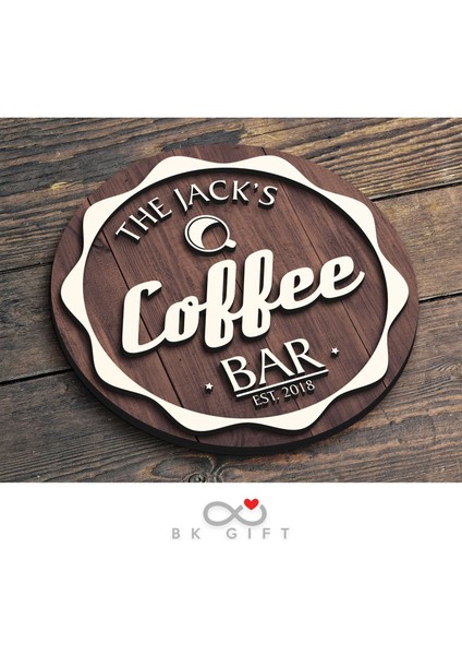 Gift Kişiye Özel Dekoratif Yuvarlak Ahşap Coffee Bar Tabelası 43CM - Model 4