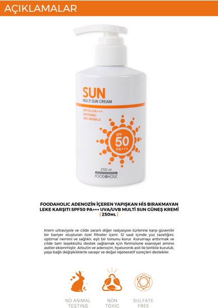 MULTİ SUN 250ML ADENOZİN İÇEREN YAPIŞKAN HİS BIRAKMAYAN LEKE KARŞITI SPF50 PA+++ UVA/UVB GÜNEŞ KREMİ