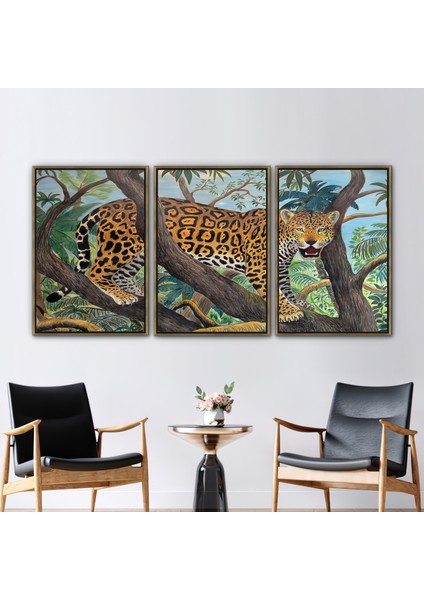 3 Parçalı Gold Çerçeveli Kanvas Tablo Vahşi Sanat Eseri Vahşi Manzara Duvar Dekoru