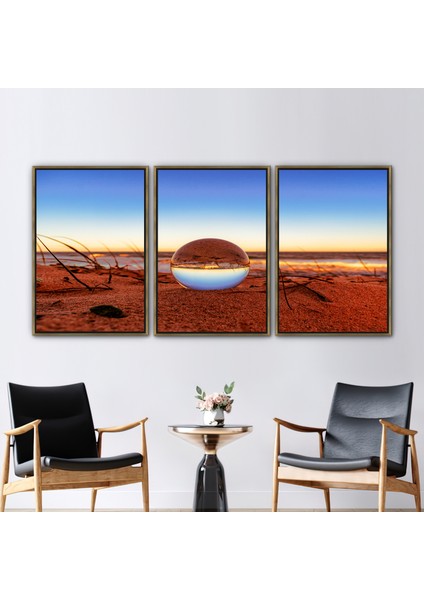 3 Parçalı Gold Çerçeveli Kanvas Tablo Plaj Duvar Süsü Küre Yansıması Kanvas Poster